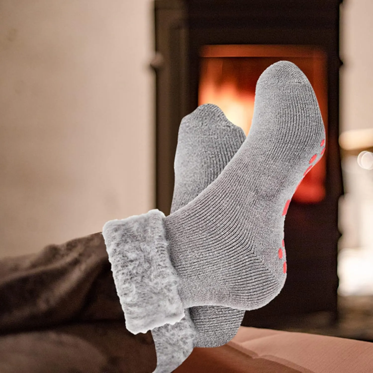 NOVAYARD 3 Pairs Non Slip Thermal Socks Hospital Slipper Crew Grip Cozy Wool socks Men Women