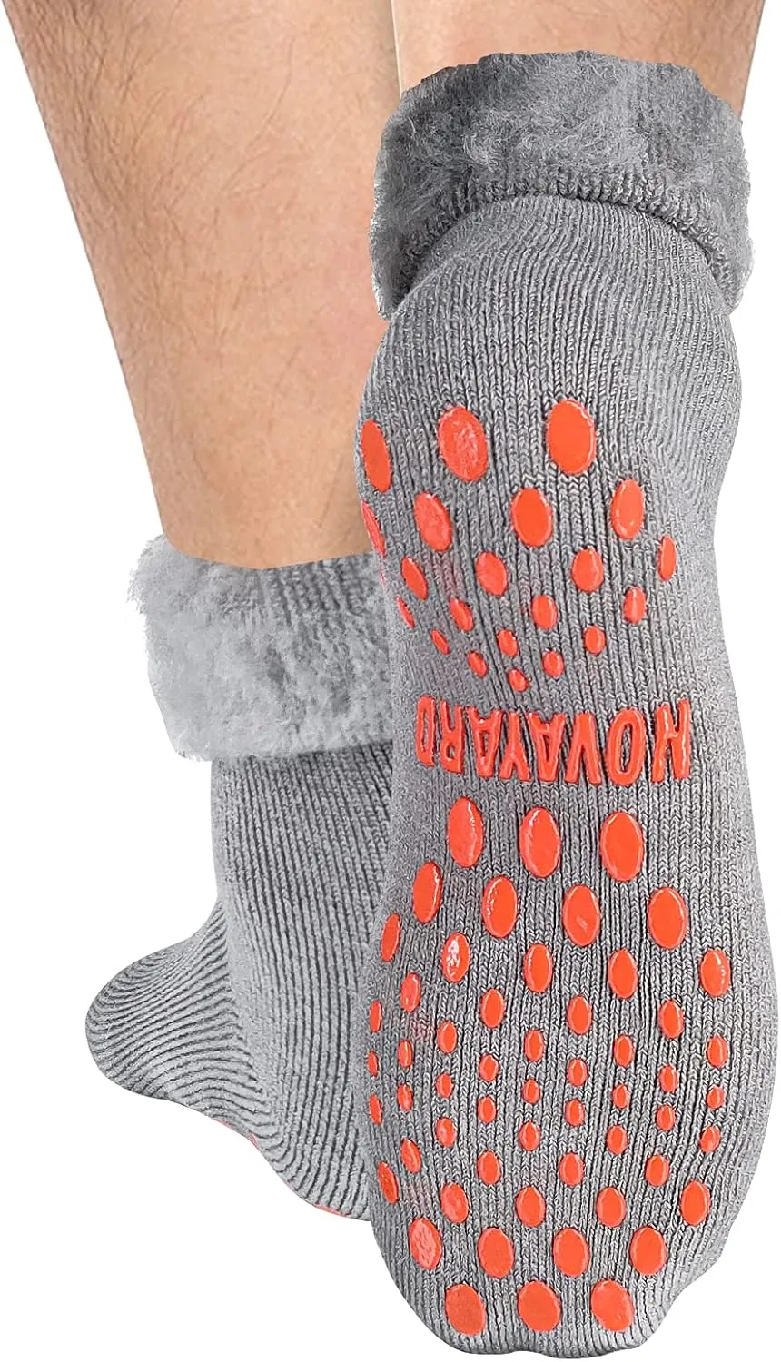 NOVAYARD 3 Pairs Non Slip Thermal Socks Hospital Slipper Crew Grip Cozy Wool socks Men Women
