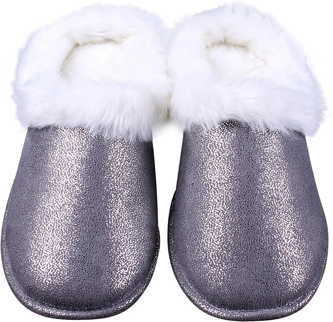 ofoot Womens Winter Warm Moccasin Suede Faux Fur House Slippers MulesThick Memory Foam Furry House Shoes Indoor Outdoor Non-Slip Rubber Bottoms