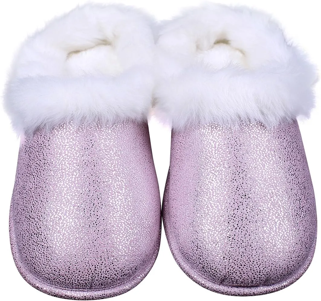 ofoot Womens Winter Warm Moccasin Suede Faux Fur House Slippers MulesThick Memory Foam Furry House Shoes Indoor Outdoor Non-Slip Rubber Bottoms