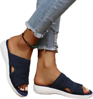 OMIREL Platform Sandals Women Casual Summer Hollow Out Vintage Comfy Sports Knit Sandals Slip on Slipper Open Toe Fish Mouth Beach Casual Sandals,Blue,US8/EU39