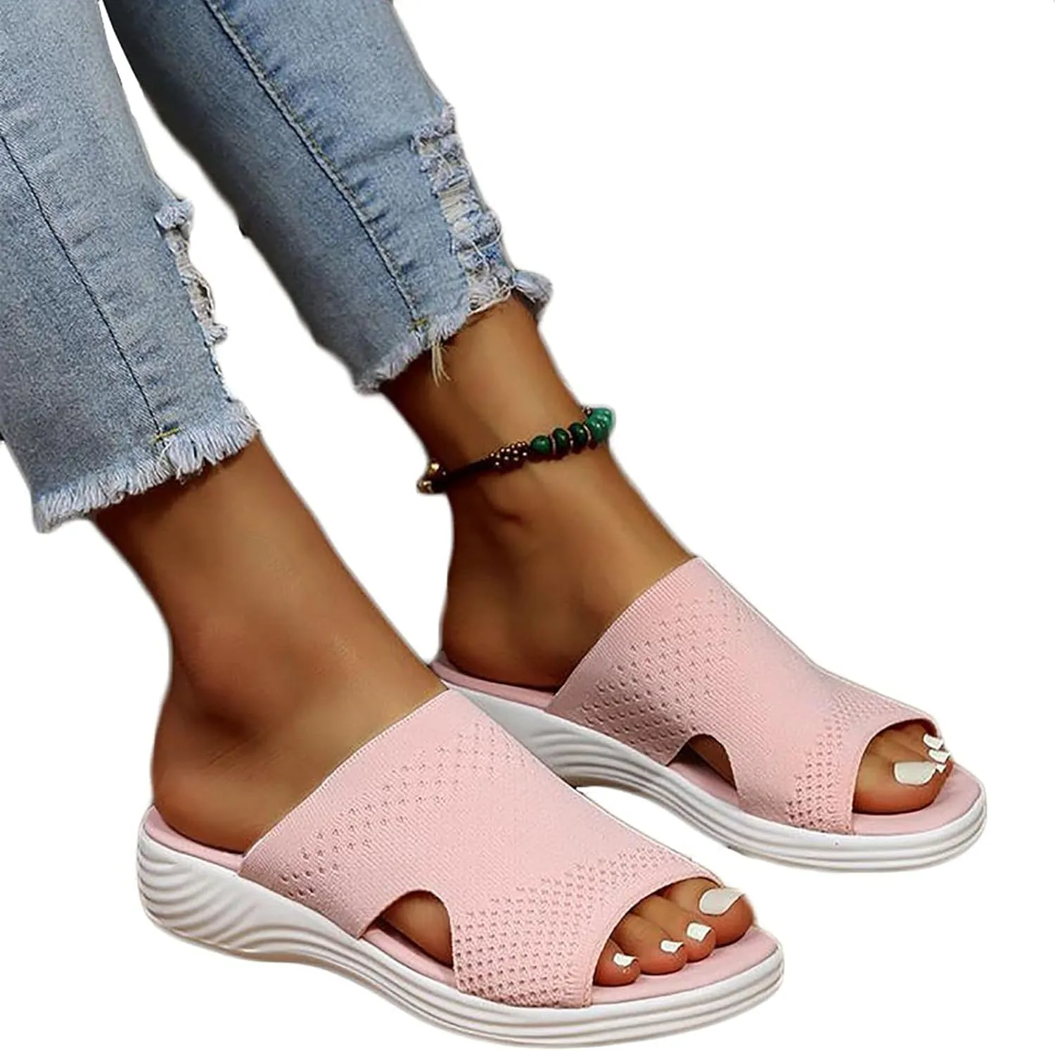 OMIREL Platform Sandals Women Casual Summer Hollow Out Vintage Comfy Sports Knit Sandals Slip on Slipper Open Toe Fish Mouth Beach Casual Sandals,Pink,US9/EU40
