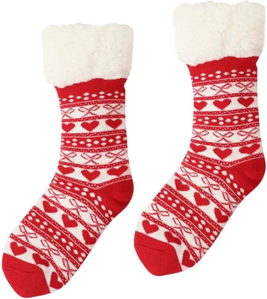 Oplxuo Christmas Fuzzy Slipper Socks for Women Sherpa Fluffy Warm Fleece Lined Socks Non Skid Thermal Socks Home Xmas Gifts