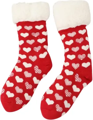 Oplxuo Women Fuzzy Sherpa Lined Socks Winter Thermal Non Slip Fleece Socks Christmas Heart Print Slipper Socks Gift for Women