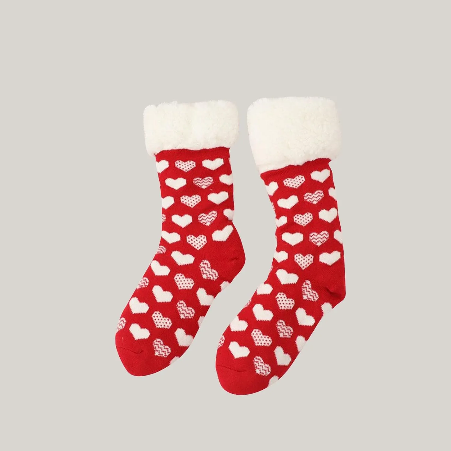 Oplxuo Women Fuzzy Sherpa Lined Socks Winter Thermal Non Slip Fleece Socks Christmas Heart Print Slipper Socks Gift for Women