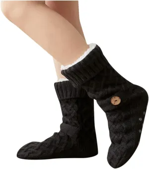 Oplxuo Womens Slipper Socks with Grippers Ladies Warm Cable Knit Fuzzy Socks Winter Cozy Fleece-lined Non Slip Slipper Socks