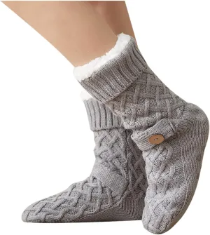 Oplxuo Womens Slipper Socks with Grippers Ladies Warm Cable Knit Fuzzy Socks Winter Cozy Fleece-lined Non Slip Slipper Socks