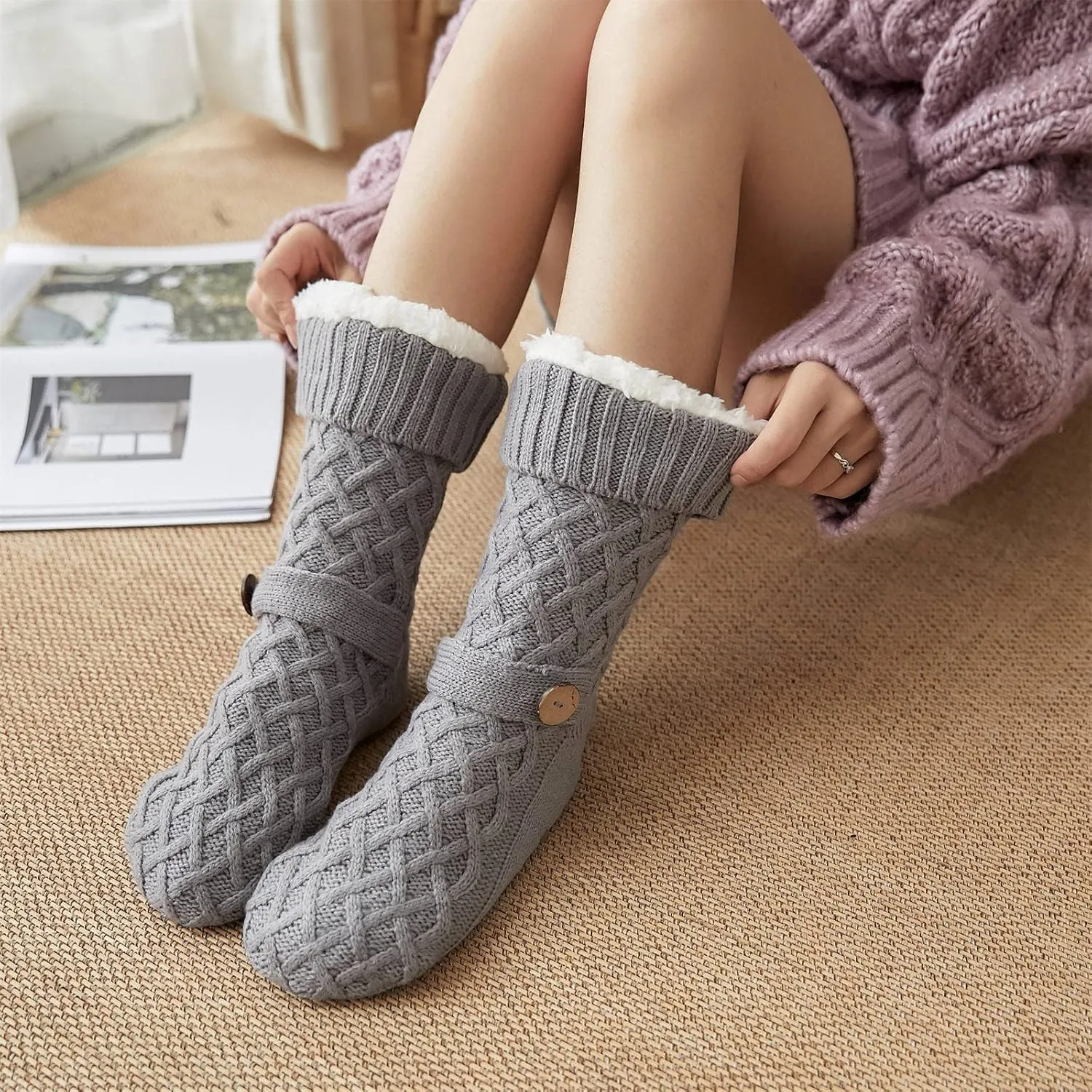 Oplxuo Womens Slipper Socks with Grippers Ladies Warm Cable Knit Fuzzy Socks Winter Cozy Fleece-lined Non Slip Slipper Socks