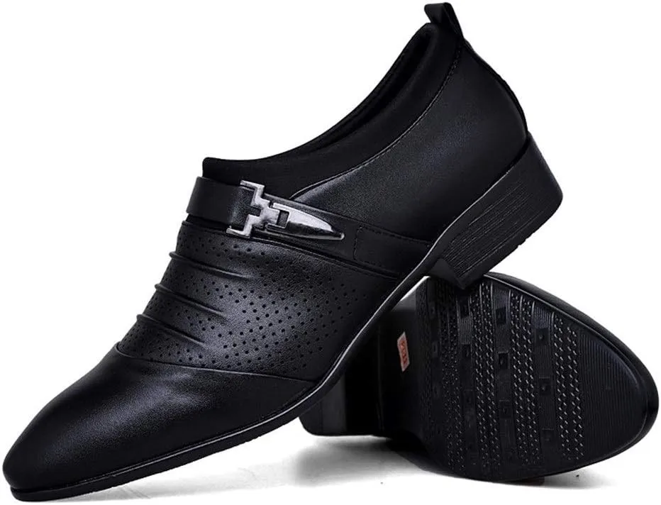 Oxford Shoes for Men Slip On Cap Toe Pleated PU Leather Slip Resistant Anti-Slip Low Top Non Slip Casual