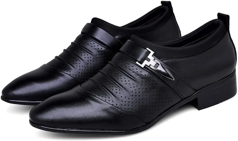 Oxford Shoes for Men Slip On Cap Toe Pleated PU Leather Slip Resistant Anti-Slip Low Top Non Slip Casual