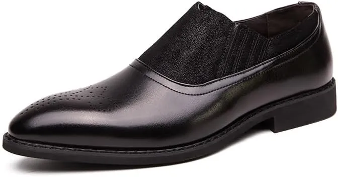 Oxford Shoes for Men Slip On Pointed Toe Two Tone Patchwork Faux Leather Shoes Anti-Slip Low Top Block Heel Walking