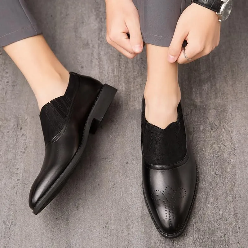 Oxford Shoes for Men Slip On Pointed Toe Two Tone Patchwork Faux Leather Shoes Anti-Slip Low Top Block Heel Walking