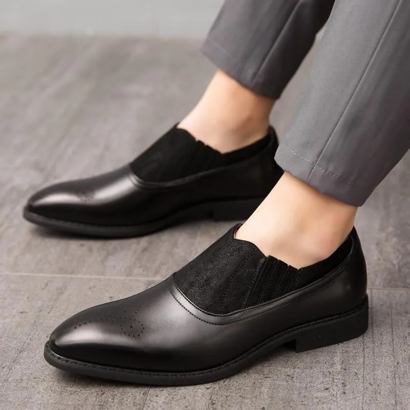 Oxford Shoes for Men Slip On Pointed Toe Two Tone Patchwork Faux Leather Shoes Anti-Slip Low Top Block Heel Walking