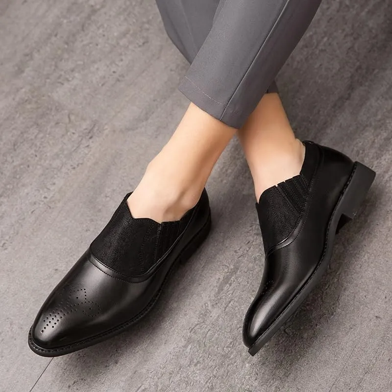 Oxford Shoes for Men Slip On Pointed Toe Two Tone Patchwork Faux Leather Shoes Anti-Slip Low Top Block Heel Walking