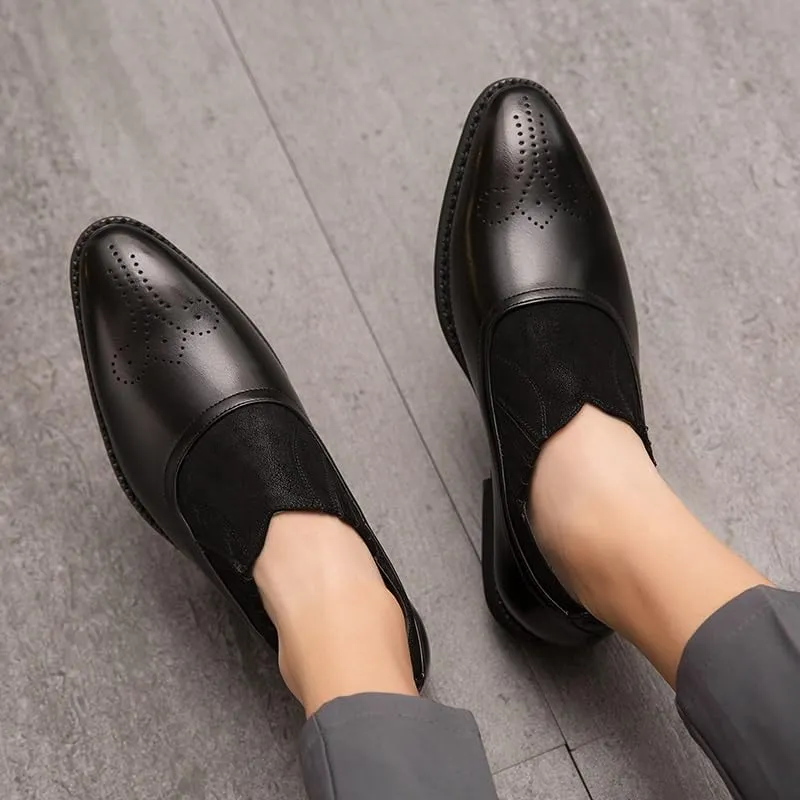 Oxford Shoes for Men Slip On Pointed Toe Two Tone Patchwork Faux Leather Shoes Anti-Slip Low Top Block Heel Walking