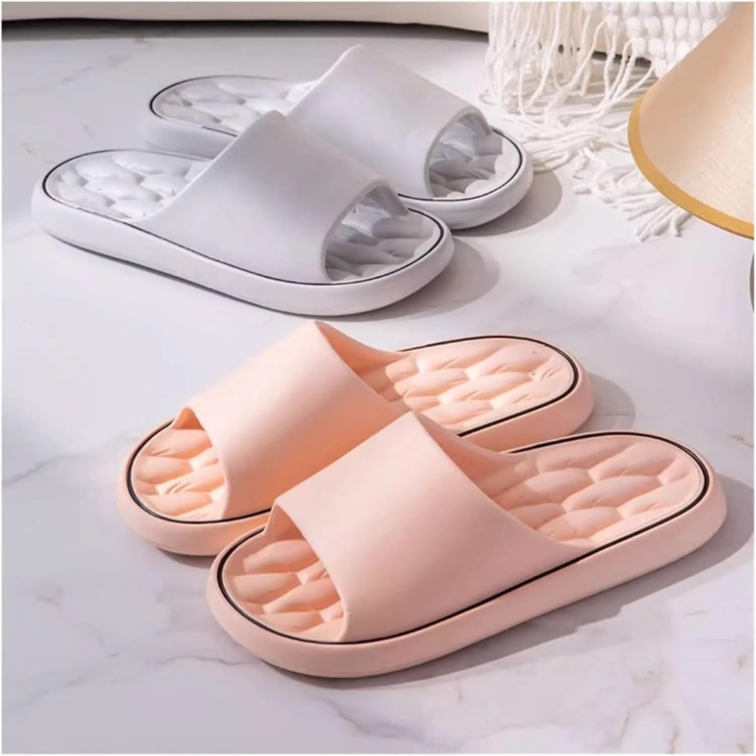 Pillow Slippers for Women and Men Massage Thick Sole Non-Slip Shower Slippers Bathroom Super Soft Comfy House Cloud Slide Slipper for Indoor and Outdoor(White,EUR38-39)