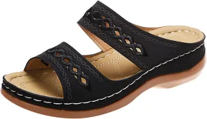 Plantar Fasciitis Sandals Women Memory Foam Womens Orthopedic Walking Shoes Black Flat Sandals for Women Arch Support Slides for Women Extra Wide Womens Sandals Planter Fasciitis Sandals for Women