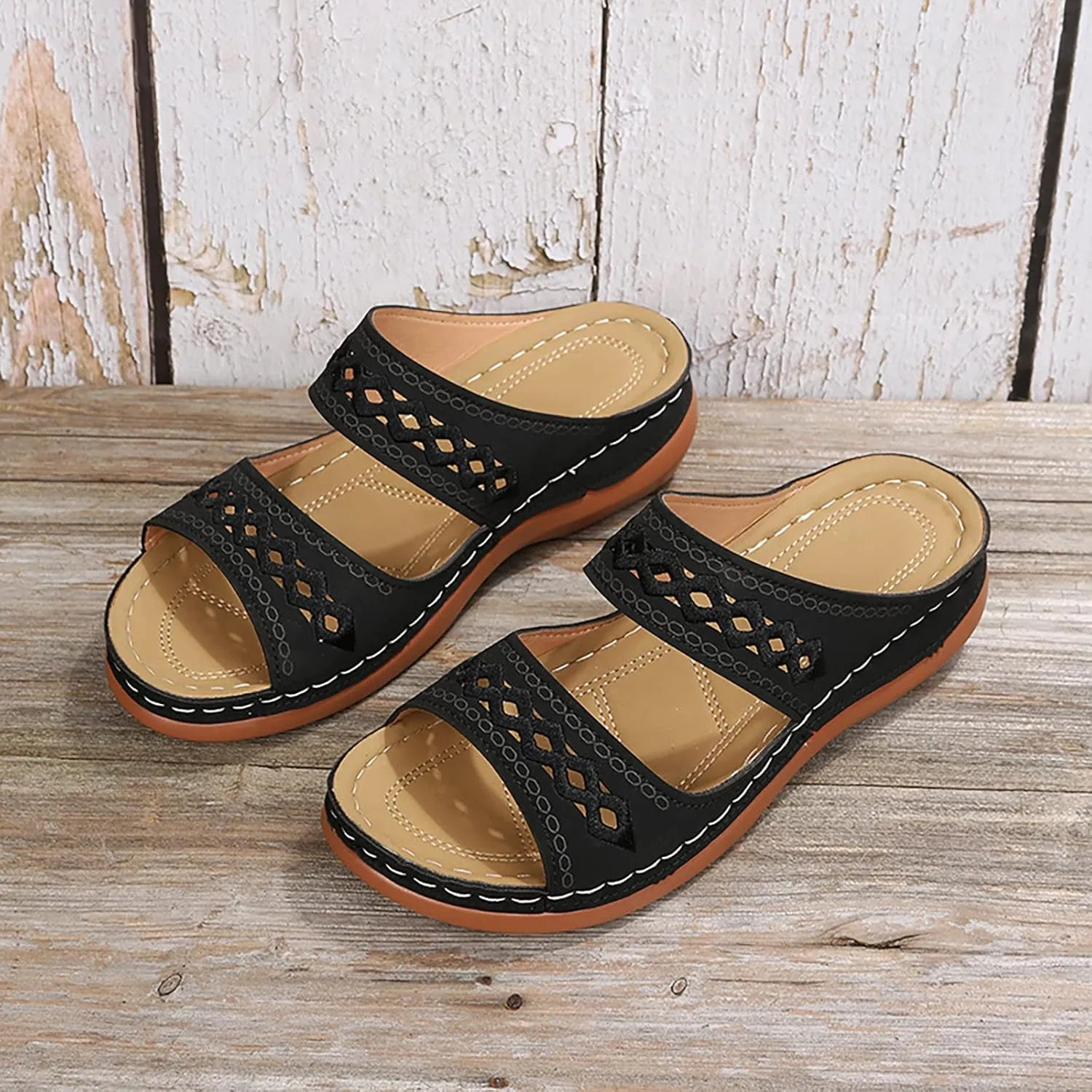 Plantar Fasciitis Sandals Women Memory Foam Womens Orthopedic Walking Shoes Black Flat Sandals for Women Arch Support Slides for Women Extra Wide Womens Sandals Planter Fasciitis Sandals for Women