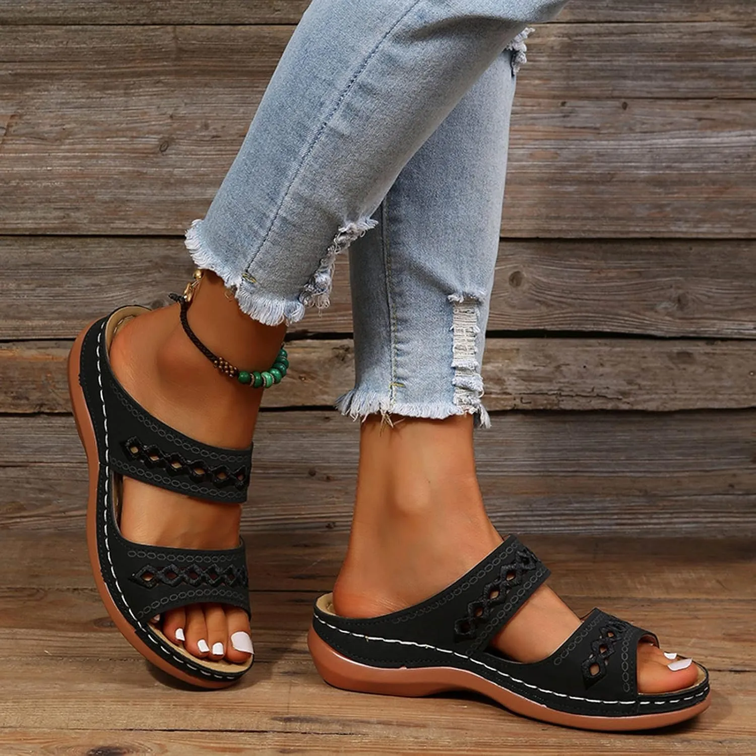 Plantar Fasciitis Sandals Women Memory Foam Womens Orthopedic Walking Shoes Black Flat Sandals for Women Arch Support Slides for Women Extra Wide Womens Sandals Planter Fasciitis Sandals for Women