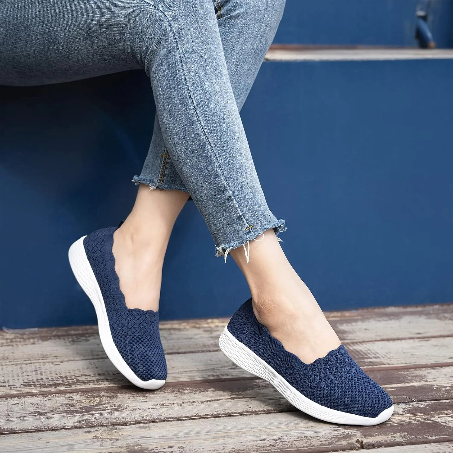 poemlady Women's Slip on Loafer Shoes - Mesh Casual Ballet Flat Nurse Walking Sneakers Knit Round Toe Memory Foam Casual Shoes