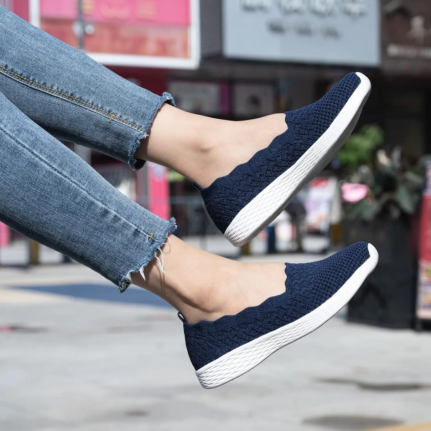 poemlady Women's Slip on Loafer Shoes - Mesh Casual Ballet Flat Nurse Walking Sneakers Knit Round Toe Memory Foam Casual Shoes