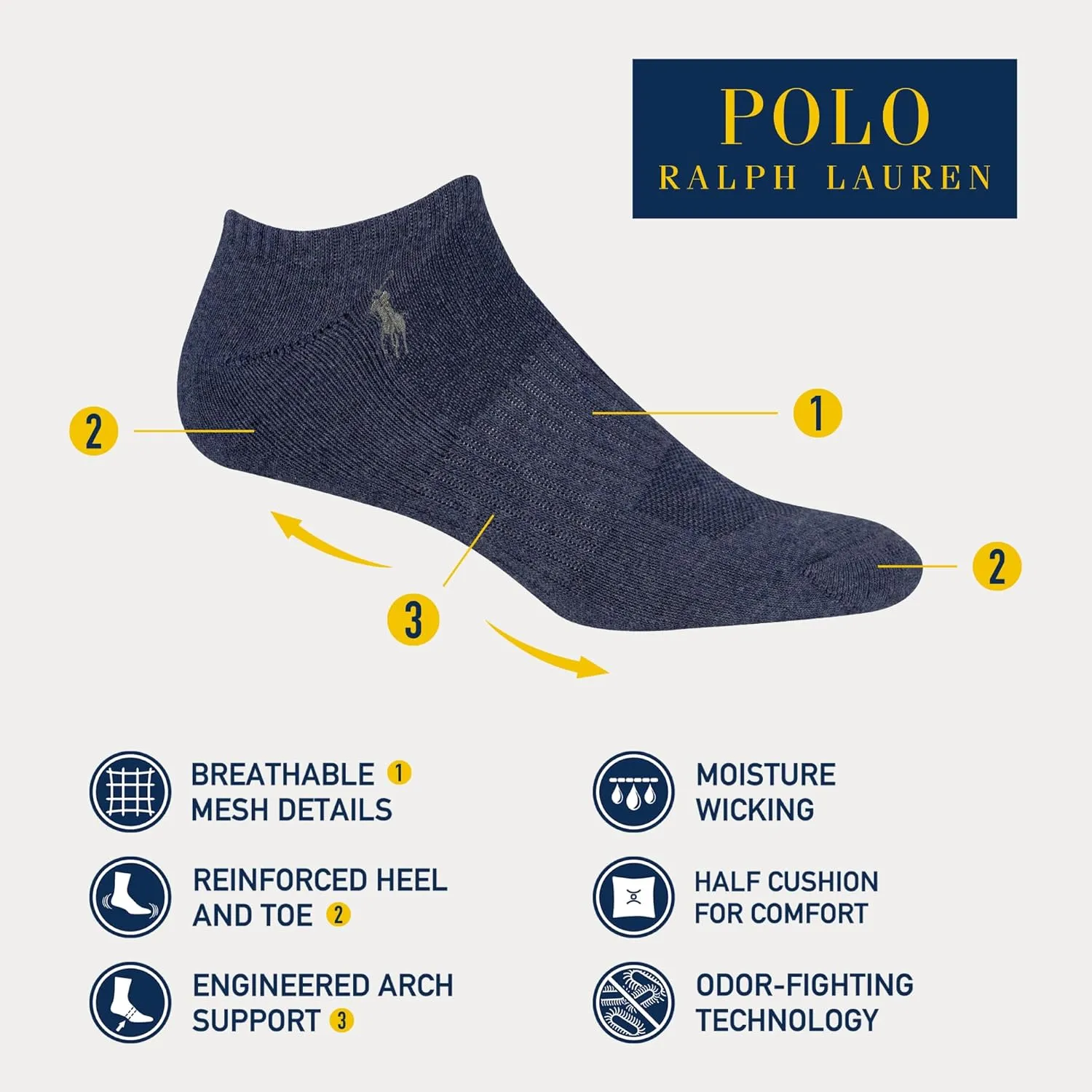 POLO RALPH LAUREN mens Athletic Performance Cotton Low Cut Socks - 6 Pair Pack - Moisture Wicking Mesh