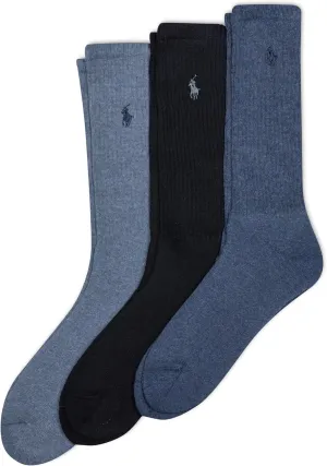 Polo Ralph Lauren Men's Ribbed Casual Crew Socks -3 Pair Pack- Cotton Comfort & Heel-toe Reinforcement