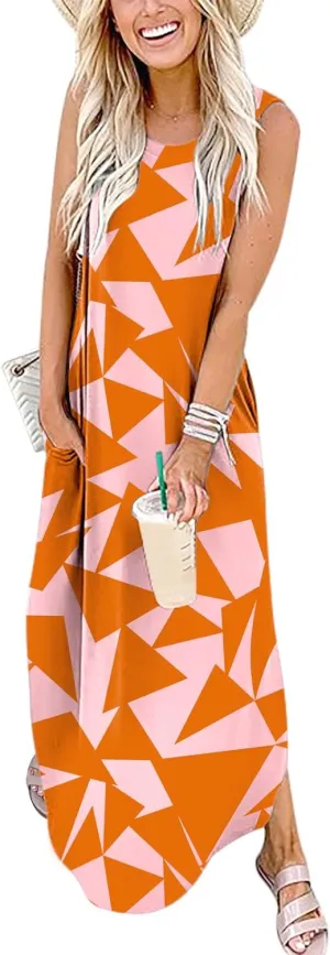 Prinbara Women's Maxi Dress Summer Casual Long Subdress Sleeveless Split Loose Trendy Beach Dresses