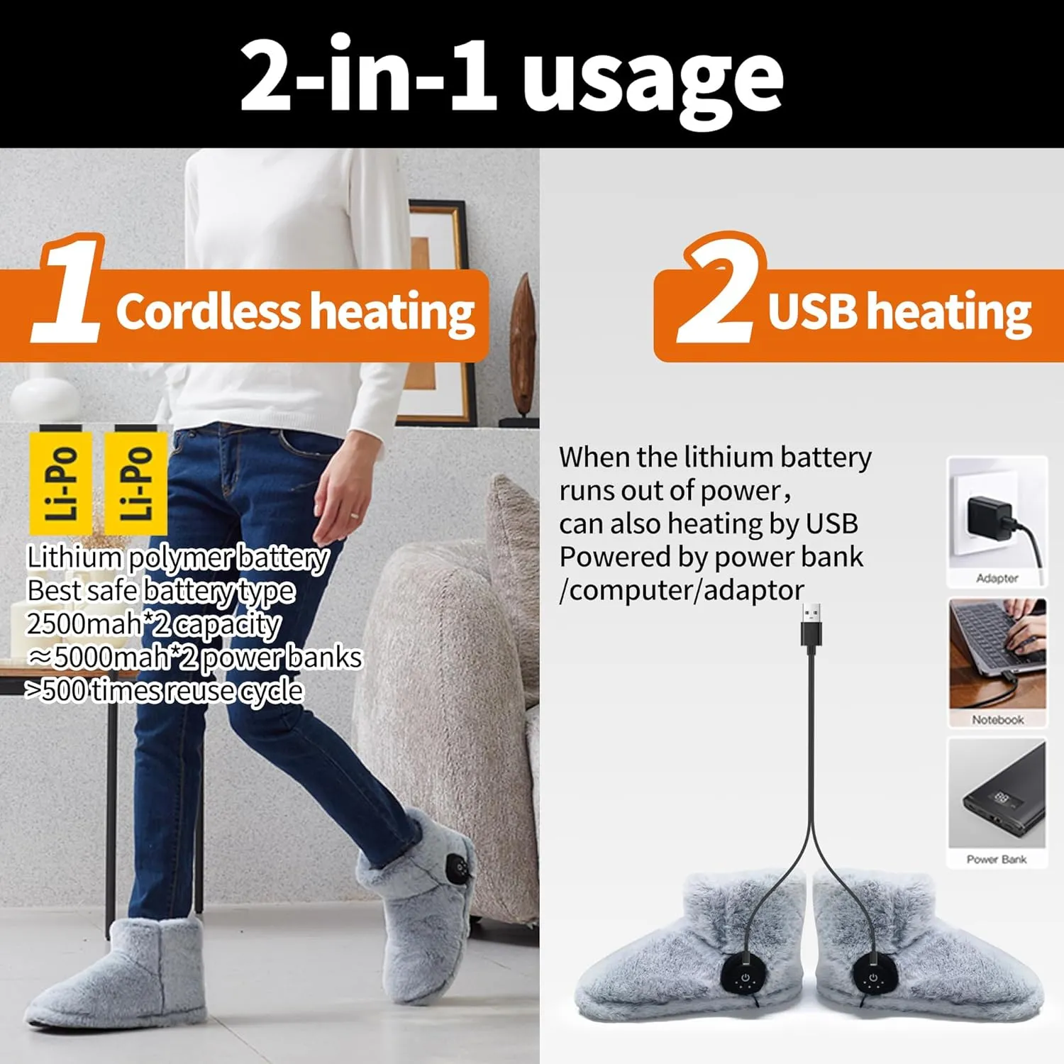 Rechargeable Foot Warmer,Heated Boots Slippers for Cold Feet, House Portable Electric Heating Pad Slippers Shoes for Women, 3.5-7 Hours Heating, Powered by Lithium Battery or USB