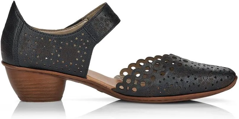 Rieker 43753 Mirjam Women's Mary Jane Heels - Low-Heel Leather Shoes with Adjustable Ankle Strap & Laser-Cut Design - Comfortable Women’s Heels for Casual & Dressy Wear