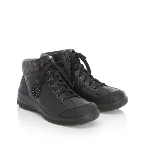 RIEKER - TEX LACED ANKLE BOOT WITH KNITTED CUFF - BLACK