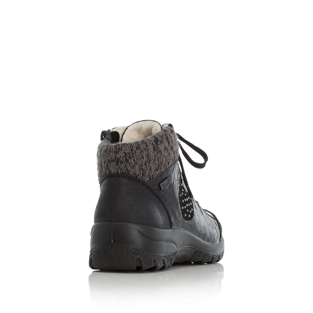 RIEKER - TEX LACED ANKLE BOOT WITH KNITTED CUFF - BLACK