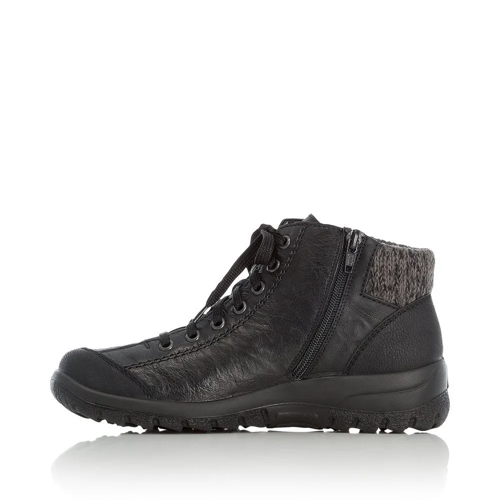 RIEKER - TEX LACED ANKLE BOOT WITH KNITTED CUFF - BLACK