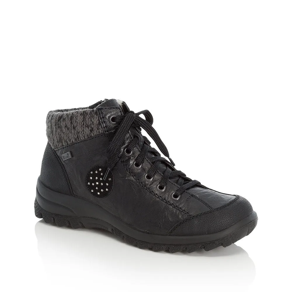 RIEKER - TEX LACED ANKLE BOOT WITH KNITTED CUFF - BLACK