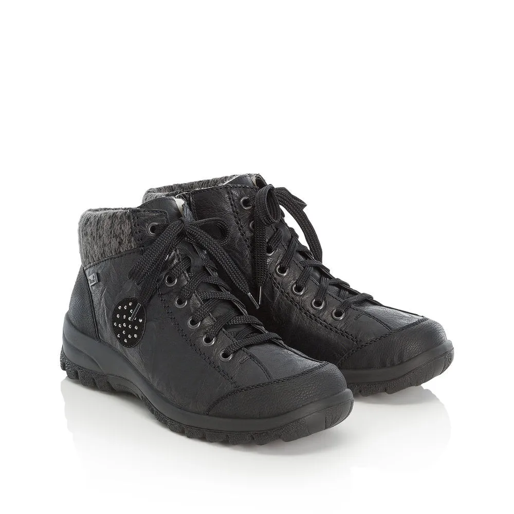 RIEKER - TEX LACED ANKLE BOOT WITH KNITTED CUFF - BLACK