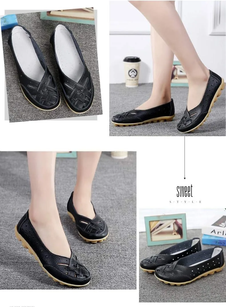 Rojeam Women's Casual Leather Moccasins Slip-on Loafers Boat Shoes Flats Driving Shoes Sandals