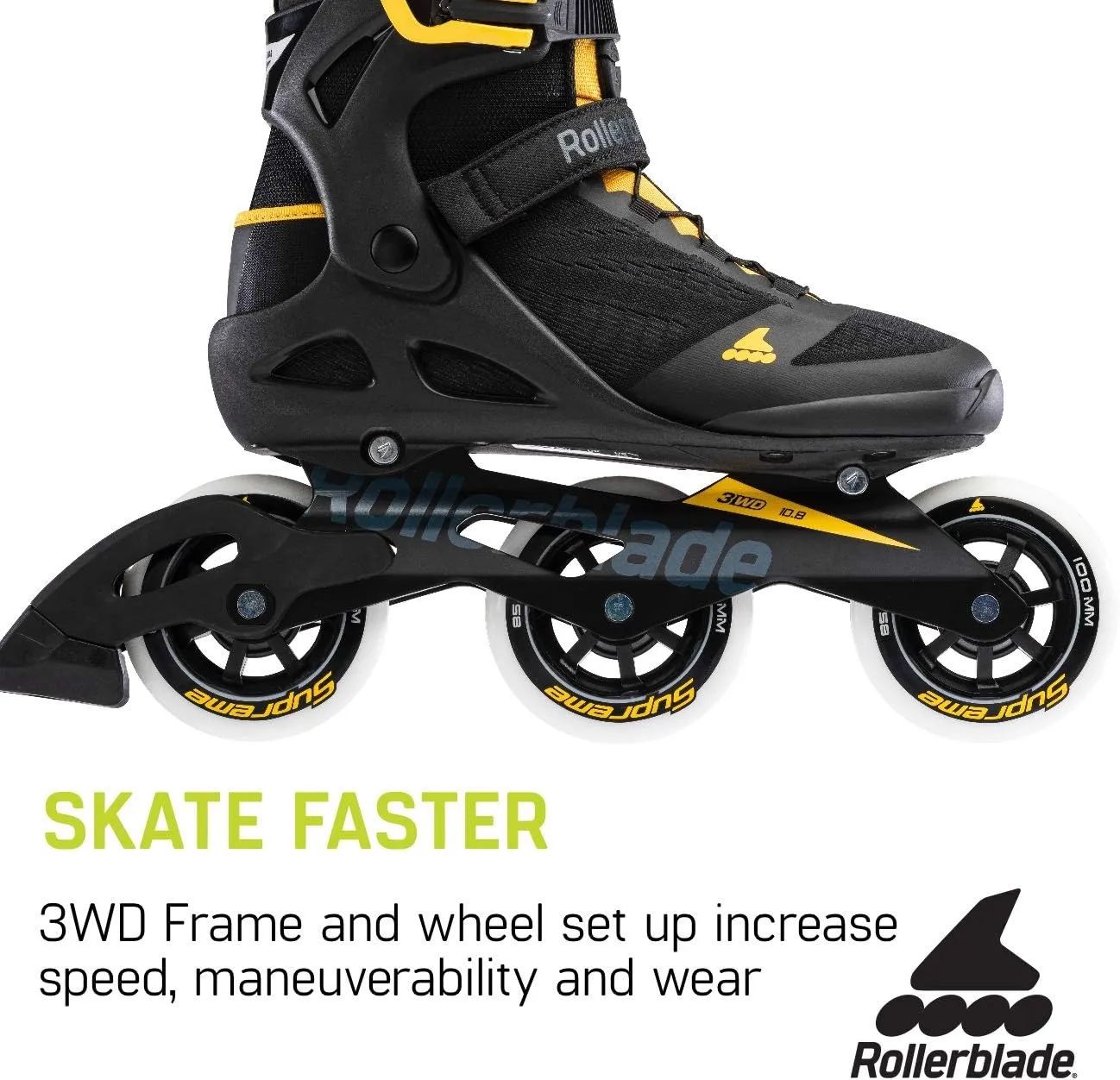 Rollerblade Macroblade 100 3WD Mens Adult Fitness Inline Skate, Black and Saffron Yellow, Performance Inline Skates
