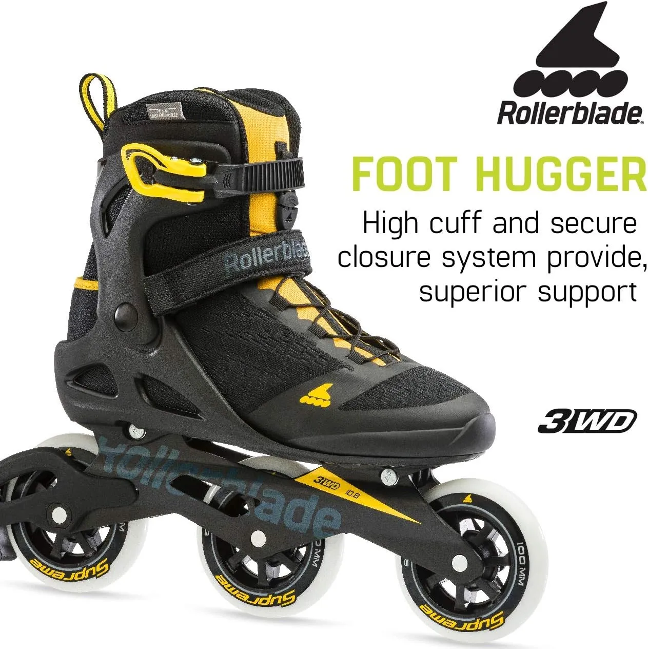 Rollerblade Macroblade 100 3WD Mens Adult Fitness Inline Skate, Black and Saffron Yellow, Performance Inline Skates