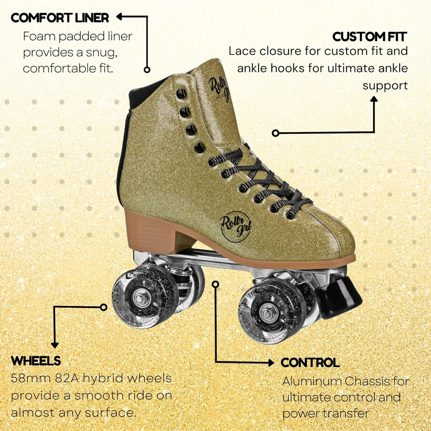 Rollr GRL Astra by Pacer, Freestyle Glitter Roller Skates for Women, Beginners and Intermediate, Indoor Outdoor Skates