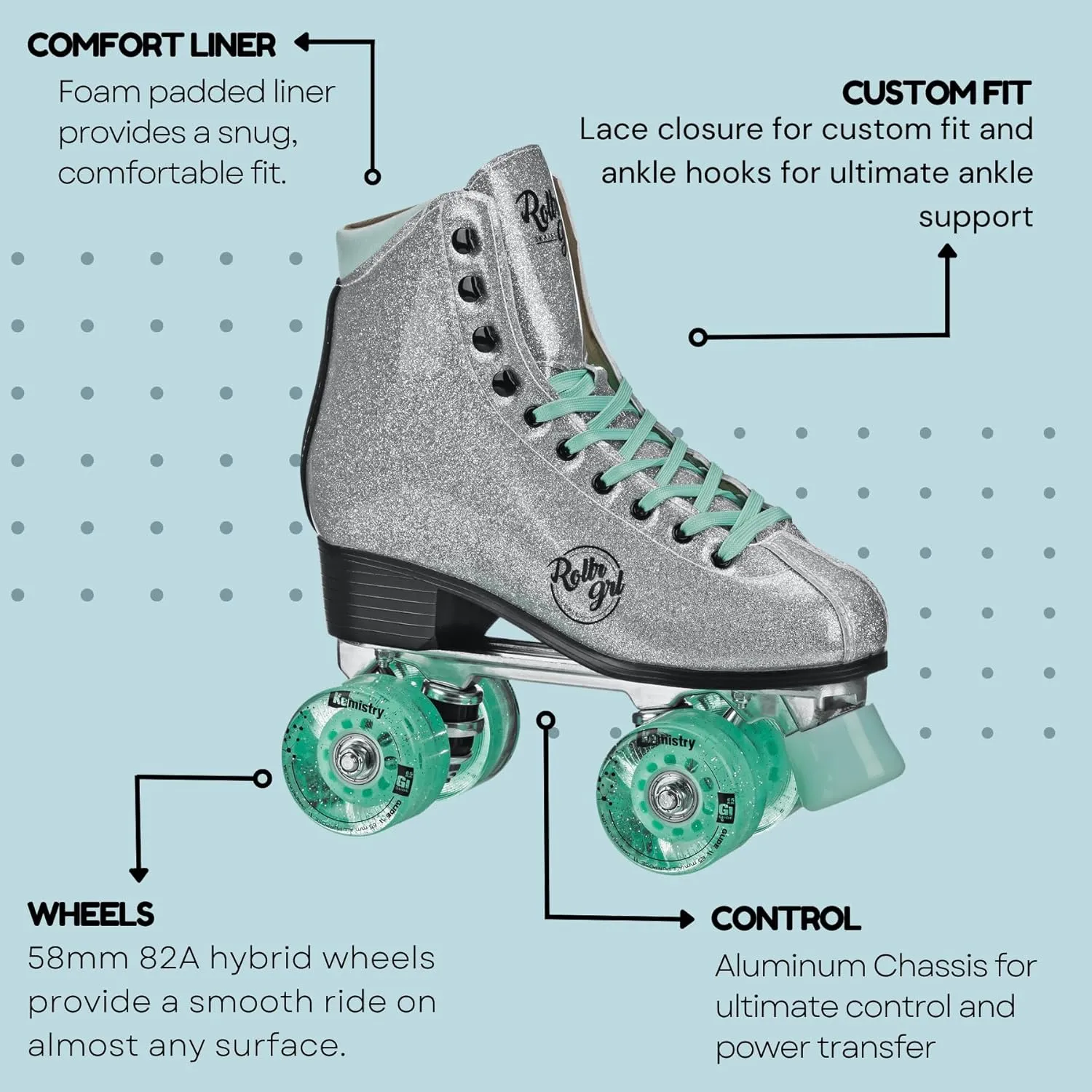 Rollr GRL Astra by Pacer, Freestyle Glitter Roller Skates for Women, Beginners and Intermediate, Indoor Outdoor Skates