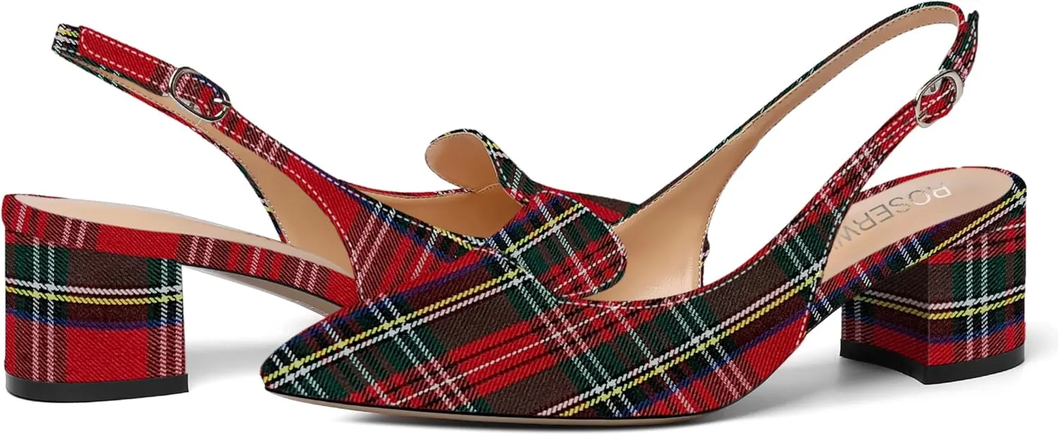ROSERWISH Womens Work Buckle Patent Slingback Fashion Pointed Toe Casual Chunky Low Heel Pumps Dress Shoes 2 Inch