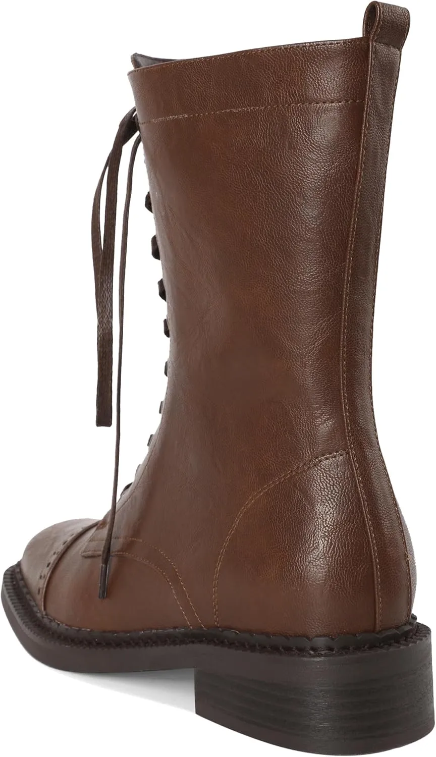 SAMMITOP Women's Ankle Bootie Lace up Mid Calf Combat Boots Chunky Low Heel Square Toe Zipper Boots Fashion Dress Shoes 1.4 Inch