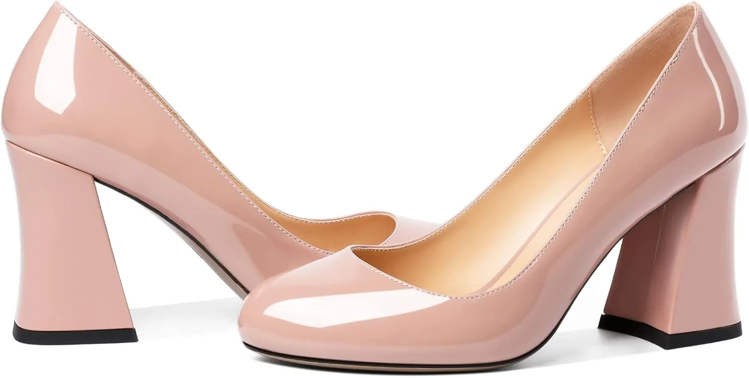 SAMMITOP Women's Chunky Block High Heeled Round Closed Toe Pumps Slip on Heels Comfortable Casual Wedding Dress Shoes