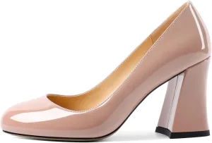 SAMMITOP Women's Chunky Block High Heeled Round Closed Toe Pumps Slip on Heels Comfortable Casual Wedding Dress Shoes