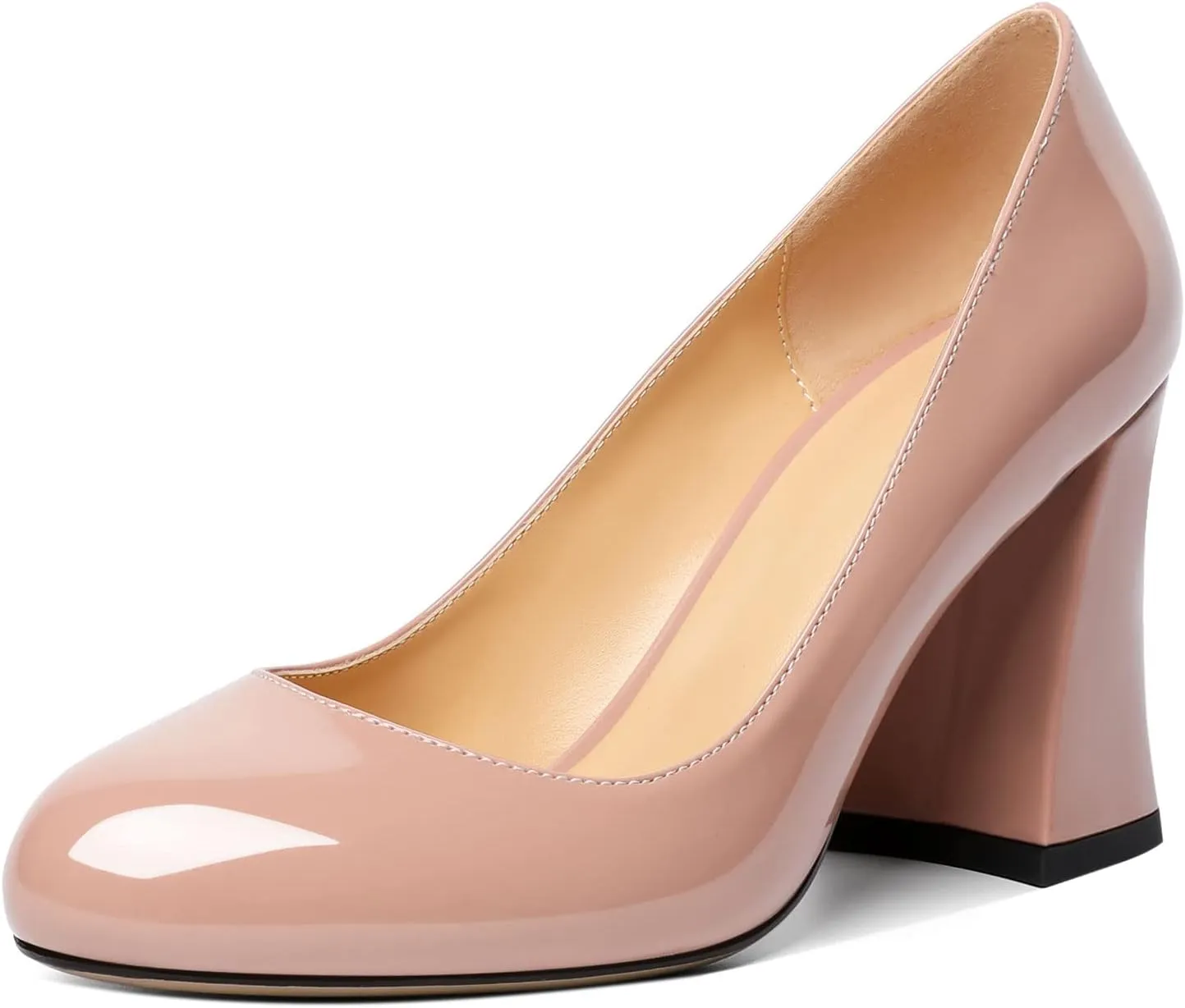 SAMMITOP Women's Chunky Block High Heeled Round Closed Toe Pumps Slip on Heels Comfortable Casual Wedding Dress Shoes