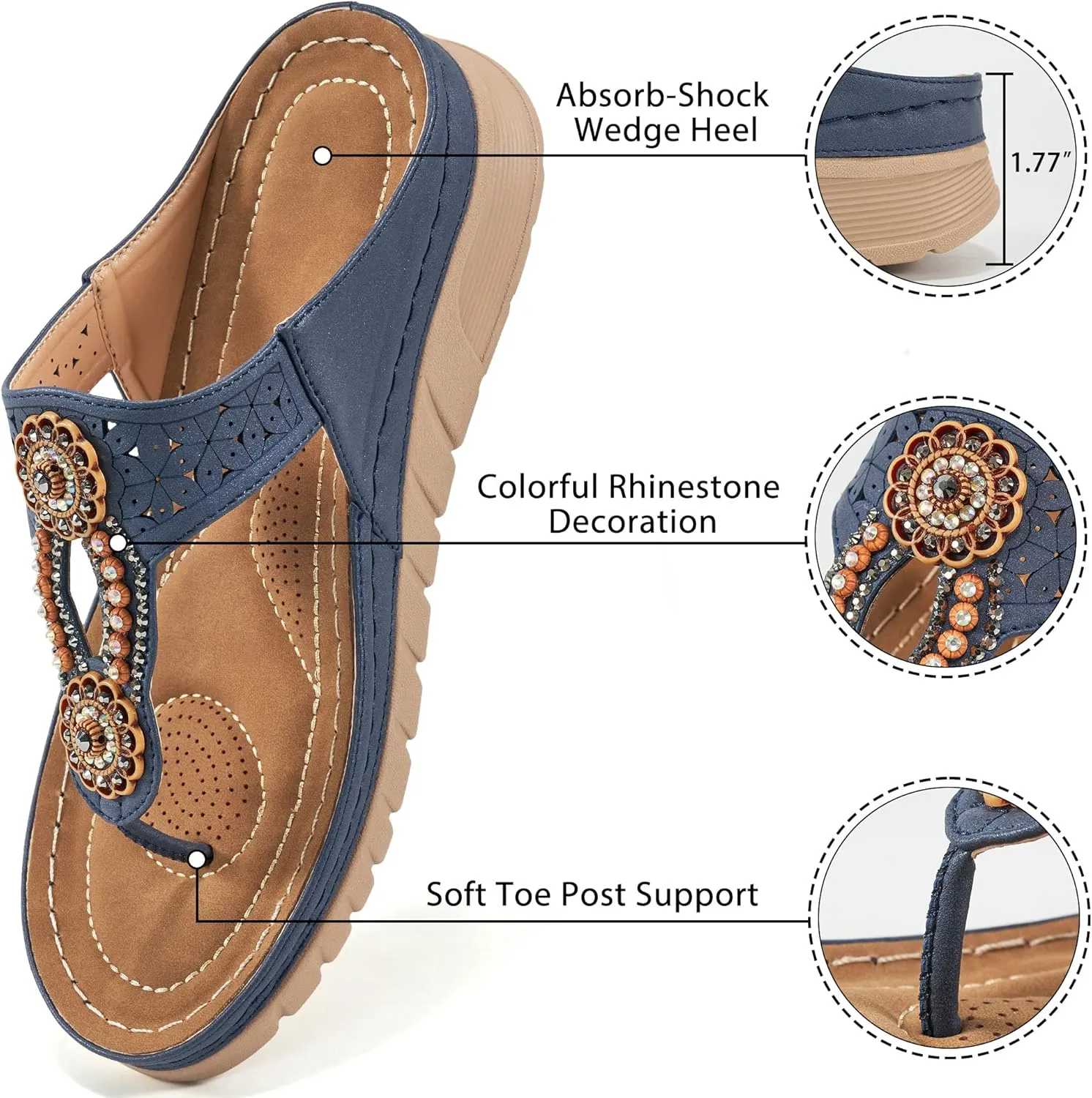 Sandals for Women Wedge Shoes: Casual Summer Comfortable Cushioned FootBed Bohemia Rhinestone Work Womens Flip Flops for Office Travel