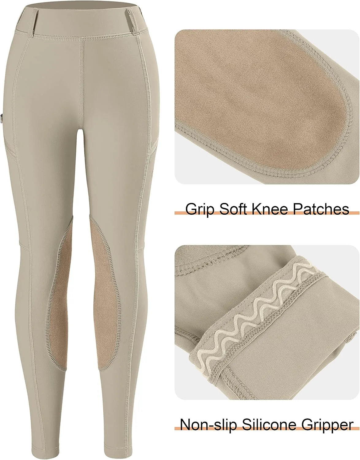SANTINY Girls Horse Riding Pants with Zipper Pockets Kids Stretchy Equestrian Breeches Knee-Patch Youth Schooling Tights