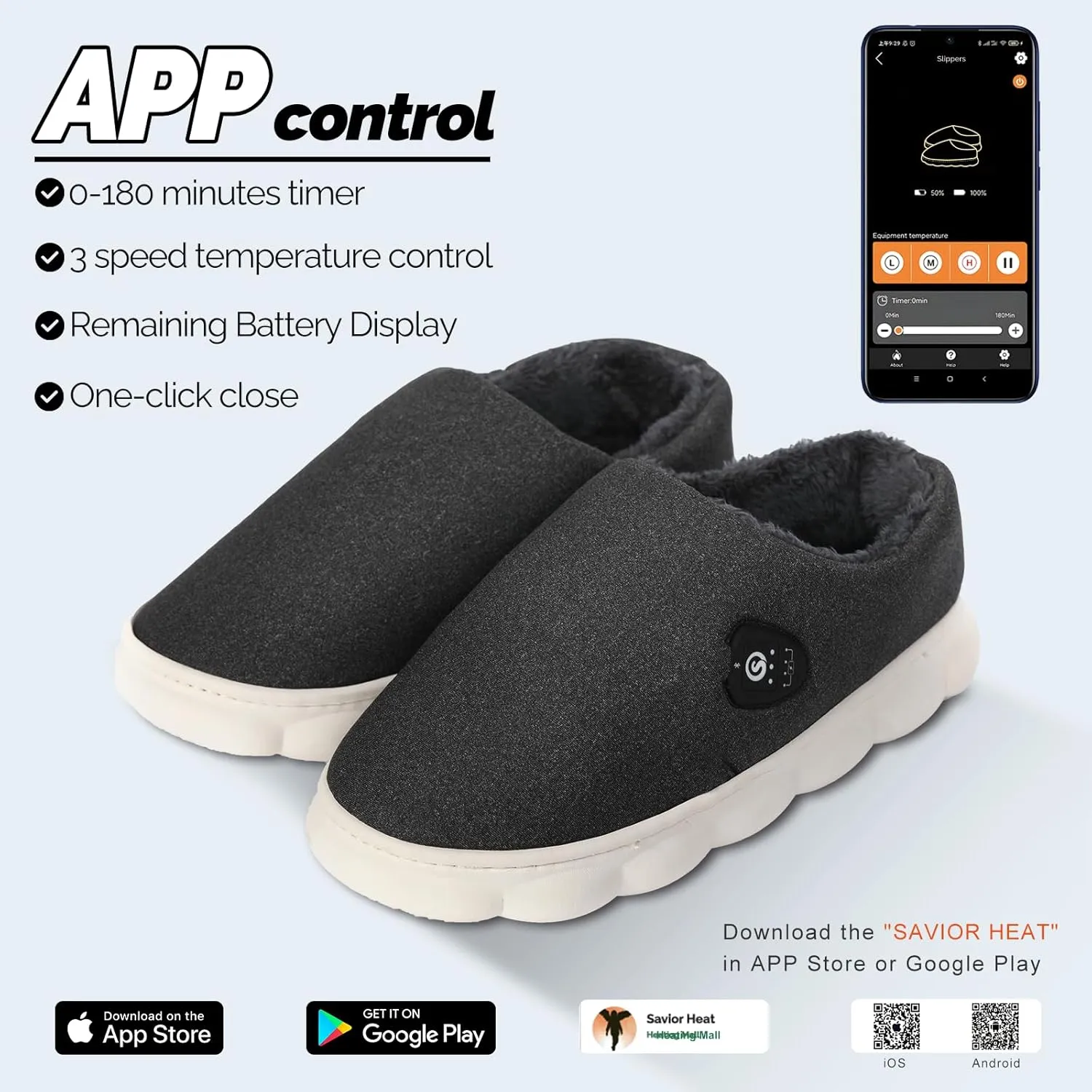 SAVIOR HEAT Heated Slippers with App Control, 7.4V Electric Foot Warmer for Men & Women, Heated Shoes for Winter Home