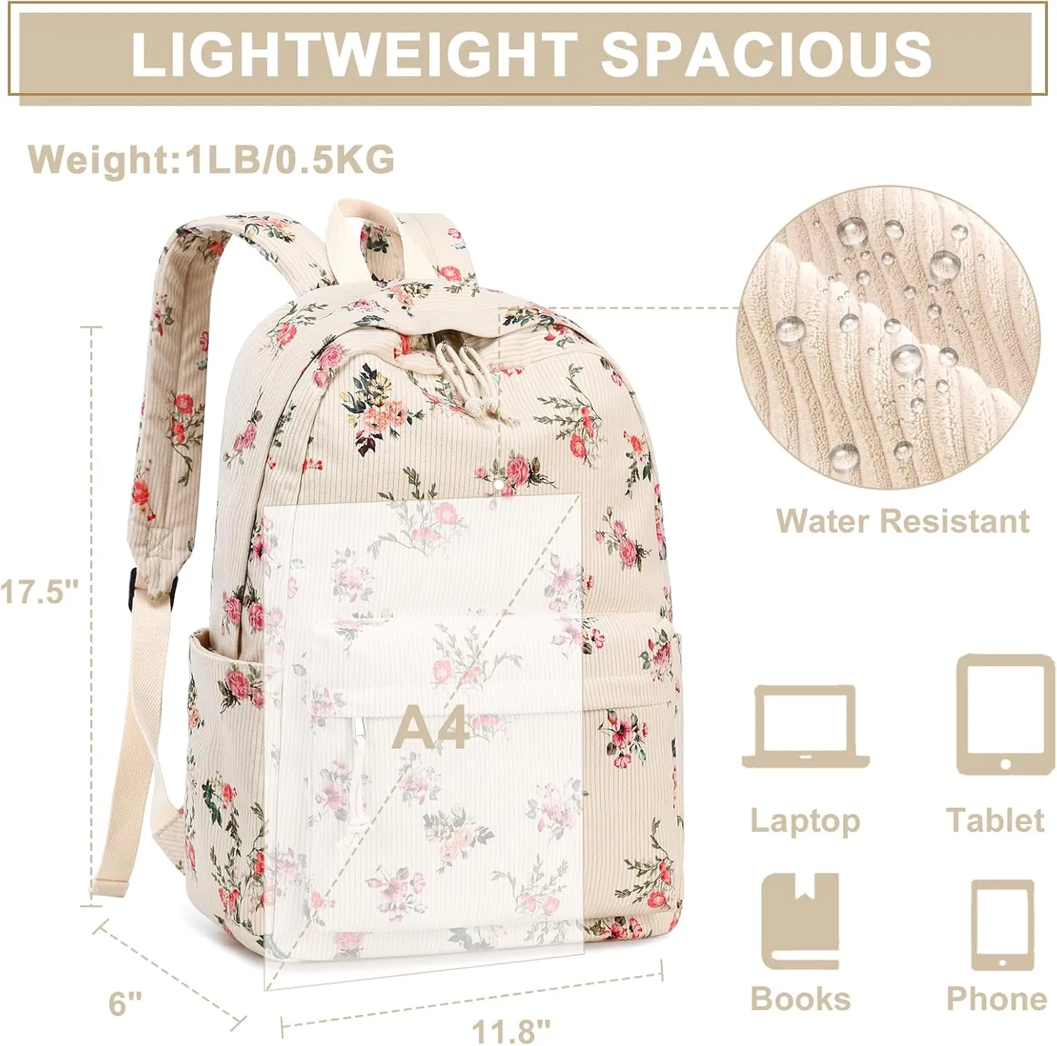 School Backpack for Teen Girls Women Laptop Backpack College Bookbags Middle School Travel Work Commuter Back Pack(Corduroy flower)