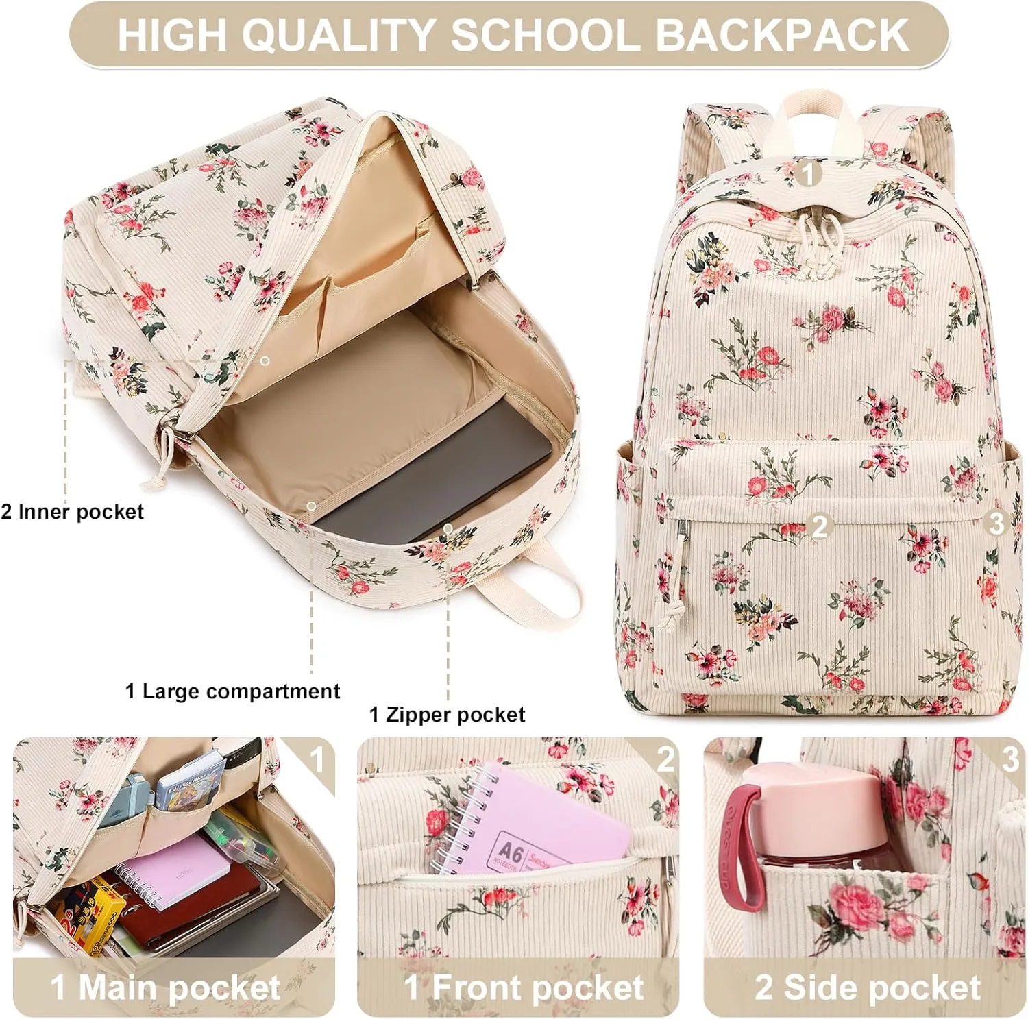 School Backpack for Teen Girls Women Laptop Backpack College Bookbags Middle School Travel Work Commuter Back Pack(Corduroy flower)